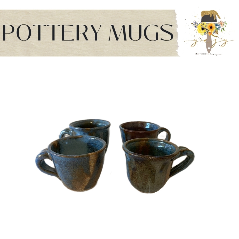 POTTERY MUGS Blue/Brown, Set of 4 Mugs